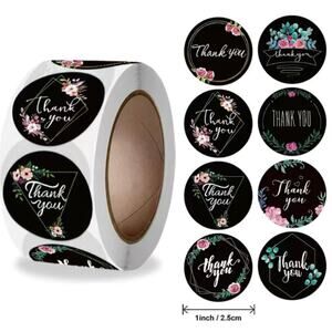 New 500 Piece Roll Self-Adhesive Black Floral Thank You Stickers - 8 Designs